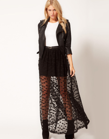 F66509  Black Spot Mesh Maxi Skirt